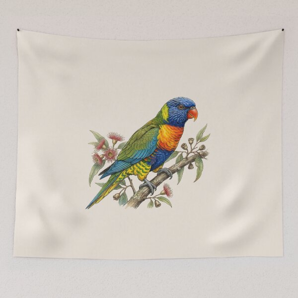 Item preview, Vintage Botanical Rainbow Lorikeet Pink Gum Blossom Art designed and sold by VibeShift Studio.