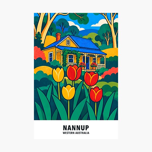 Artikelvorschau, Nannup Timber Cottage und Tulpen entworfen und verkauft von Print My Town.