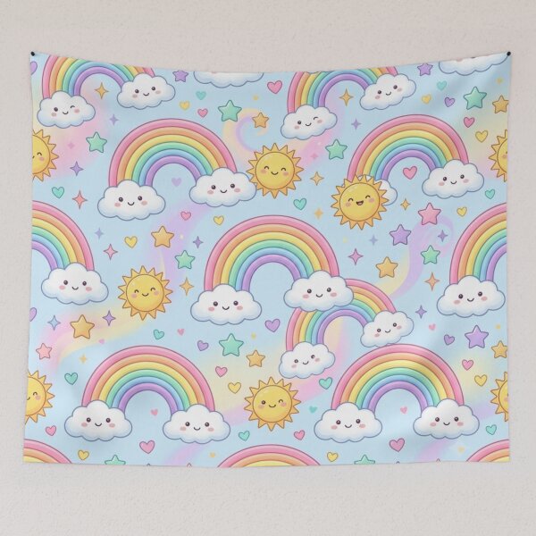 Item preview, Pastel Rainbow Clouds Smiling Sun Stars Seamless Pattern designed and sold by ShivCraftStudio.