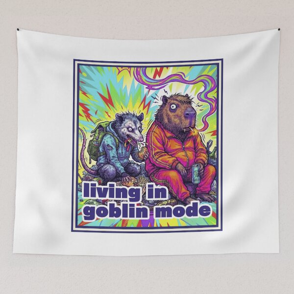 Item preview, Living in Goblin Mode – Quirky Capybara & Possum Snack Adventure designed and sold by LOVEARTDESIGN.