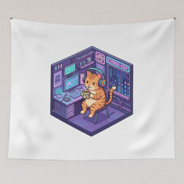 Item preview, Cyberpunk Pixel Cat Gamer Gaming Setup designed and sold by CosyCush.