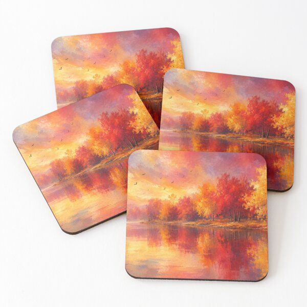 Item preview, Crimson Sunset Reflection Autumn Lake Landscape Digital Fine Art Print designed and sold by Joey Santiago.