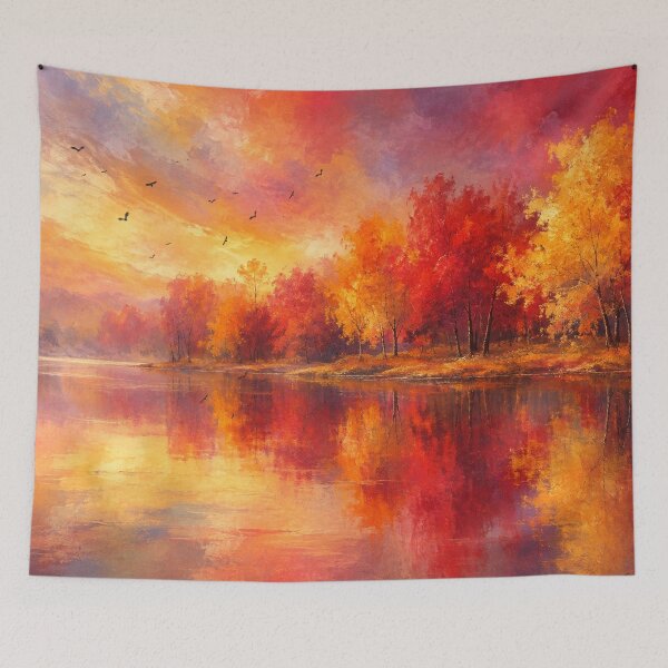 Item preview, Crimson Sunset Reflection Autumn Lake Landscape Digital Fine Art Print designed and sold by Joey Santiago.
