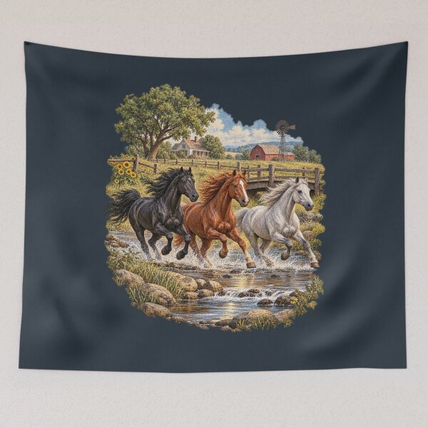 Item preview, Galloping Horses Country Creek 90s Scenic Farm Art designed and sold by AmiGraph.
