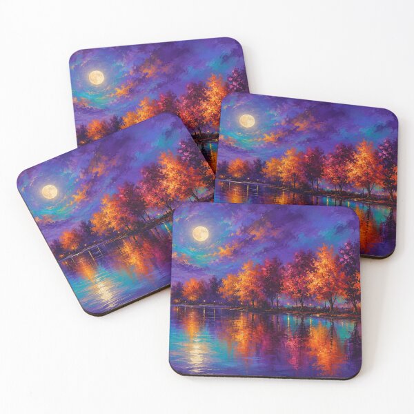 Item preview, Harvest Moon Reflections - Autumn Moonlit Lake Landscape Art designed and sold by Joey Santiago.