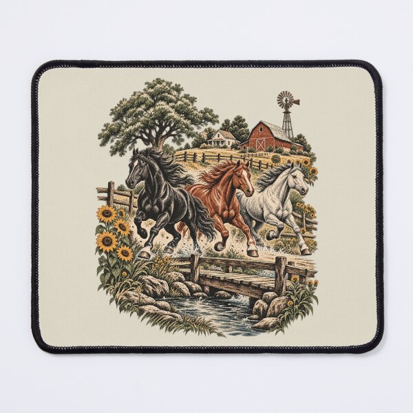 Item preview, Galloping Horses Rustic Woodcut Farm Creek Art designed and sold by AmiGraph.
