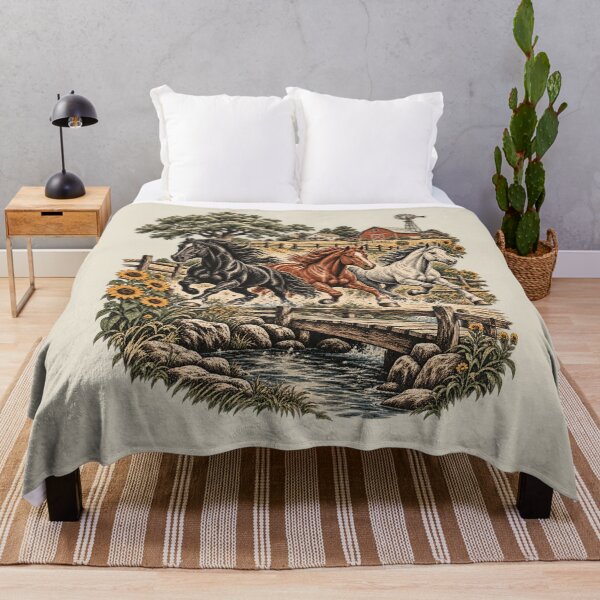 Item preview, Galloping Horses Rustic Woodcut Farm Creek Art designed and sold by AmiGraph.