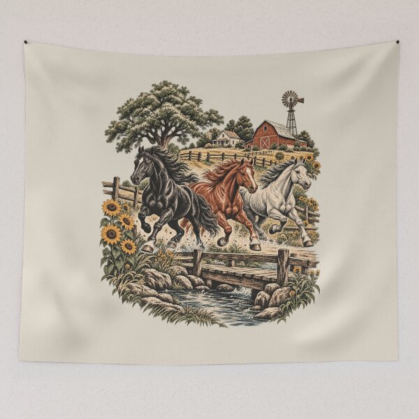 Item preview, Galloping Horses Rustic Woodcut Farm Creek Art designed and sold by AmiGraph.