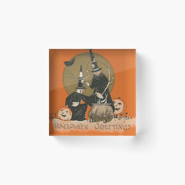 Item preview, Hallowe'en Greetings, Two Witches at the Cauldron, Rust Craft Postcard designed and sold by Exhumed Archives.