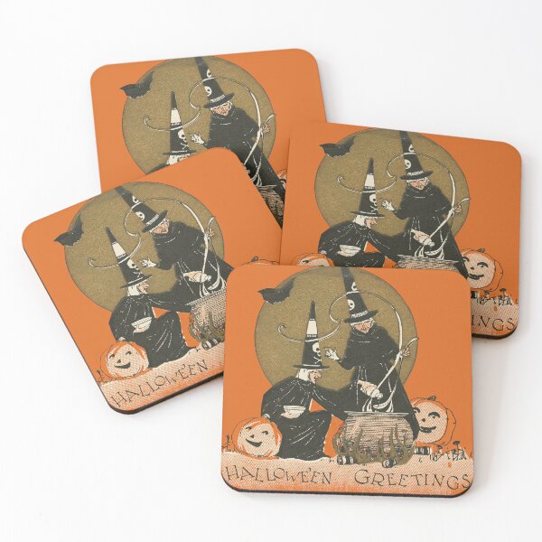 Item preview, Hallowe'en Greetings, Two Witches at the Cauldron, Rust Craft Postcard designed and sold by Exhumed Archives.