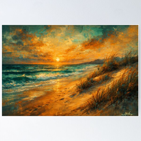 Item preview, Coastal Sunset Beach - Teal and Amber Ocean Art designed and sold by Joey Santiago.