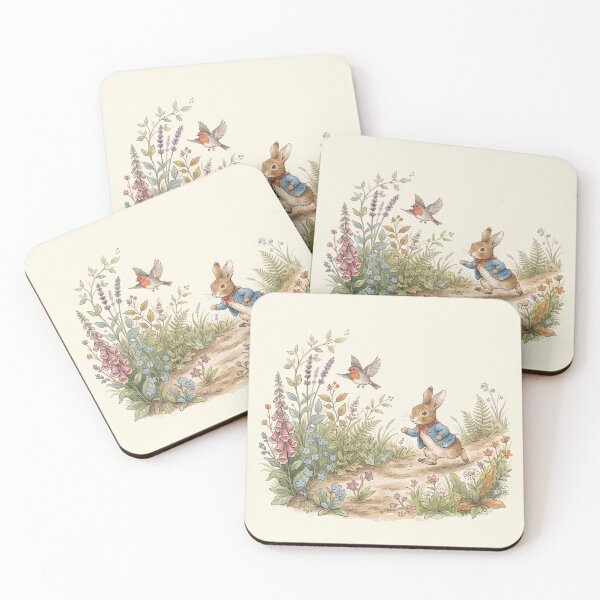 Item preview, Vintage Peter Rabbit Style Rabbit Chasing Bird Watercolor Illustration designed and sold by Pasteltone.