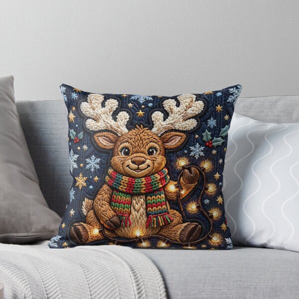 Item preview, Cute Christmas Reindeer & Fairy Lights - Cozy Winter Knit Pattern Holiday Home Decor Art designed and sold by  One City Two Children Studio.