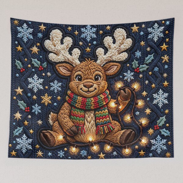 Item preview, Cute Christmas Reindeer & Fairy Lights - Cozy Winter Knit Pattern Holiday Home Decor Art designed and sold by  One City Two Children Studio.