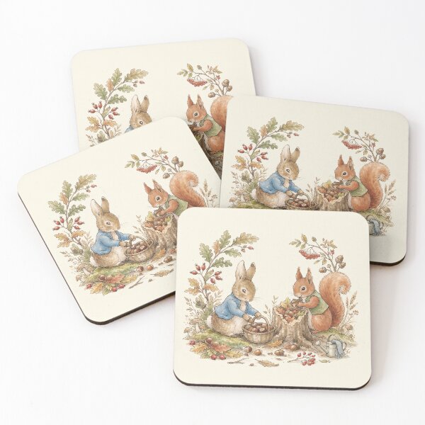 Item preview, Autumn Woodland Friends Rabbit and Squirrel Gathering Acorns Watercolor Art designed and sold by Pasteltone.