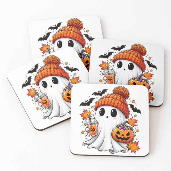 Item preview, Halloween Ghost Witch With Coffee Pumpkin Autumn Leaves designed and sold by Thread&Fable.
