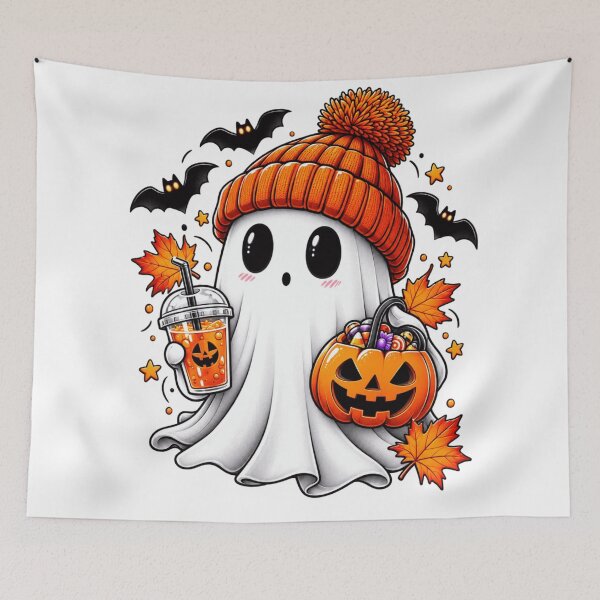 Item preview, Halloween Ghost Witch With Coffee Pumpkin Autumn Leaves designed and sold by Thread&Fable.