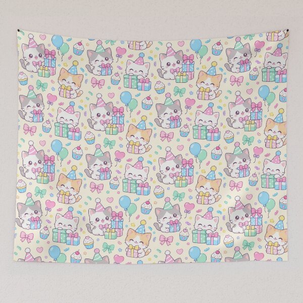 Item preview, Kawaii Birthday Kitty Present Stack Pastel Pattern designed and sold by Soft Berry Studio.