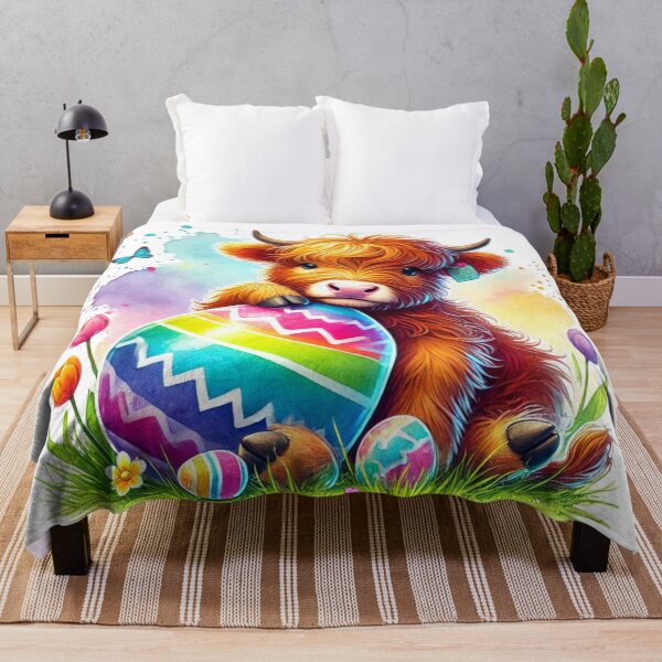 Item preview, Scottish Highland Cow with Easter Eggs Colorful Watercolor designed and sold by MaedK.