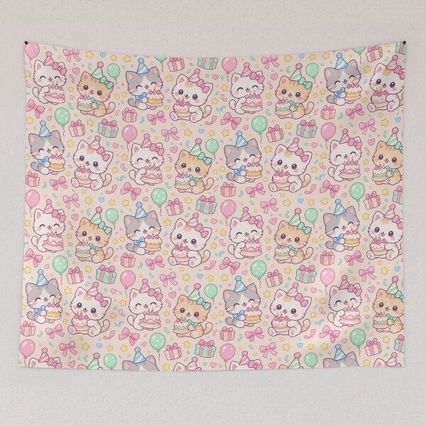 Item preview, Kawaii Birthday Kitty Ribbon Cake Pastel Pattern designed and sold by Soft Berry Studio.