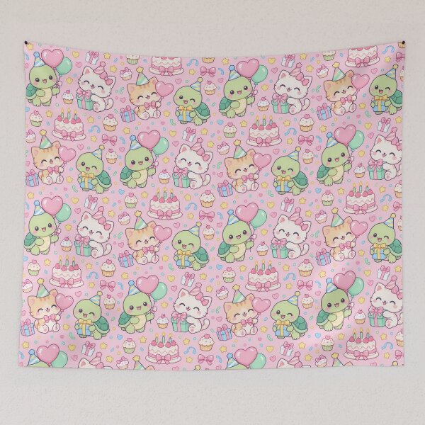 Item preview, Kawaii Birthday Turtle and Kitty Best Friends Pastel Pattern designed and sold by Soft Berry Studio.