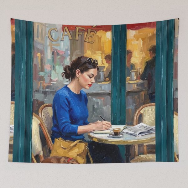 Item preview, Parisian Café Window, Woman Writing Impressionist Painting designed and sold by CARRAANN.