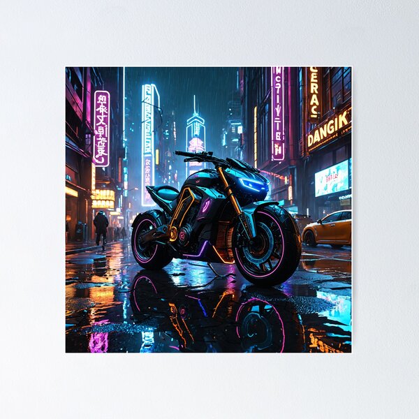 Item preview, Futuristic Cyberpunk Motorcycle Neon City Street Art designed and sold by 5KQuality.
