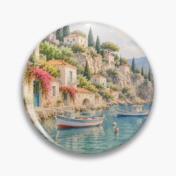 Item preview, Coastal Mediterranean Harbour Watercolour with Bougainvillea designed and sold by Jozefin's Studio.