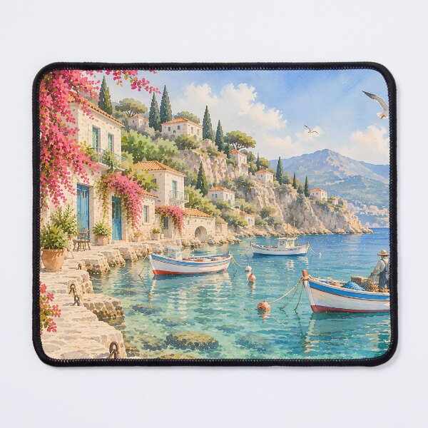 Item preview, Coastal Mediterranean Harbour Watercolour with Bougainvillea designed and sold by Jozefin's Studio.