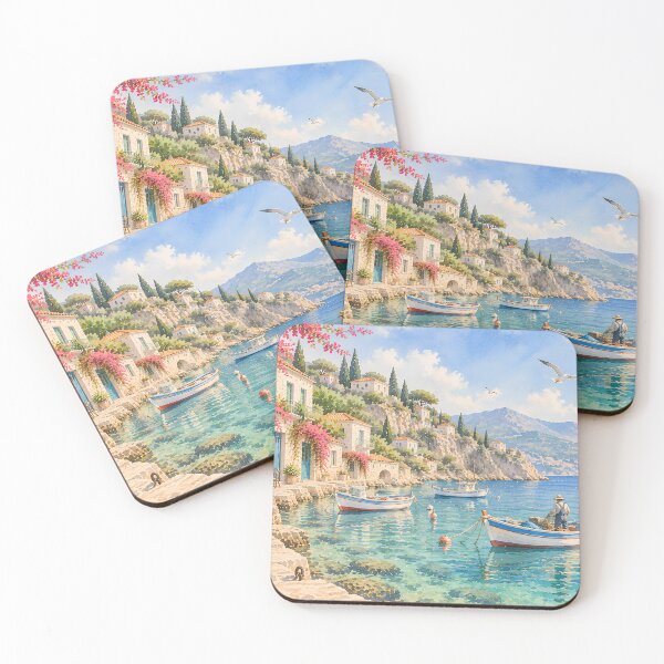 Item preview, Coastal Mediterranean Harbour Watercolour with Bougainvillea designed and sold by Jozefin's Studio.