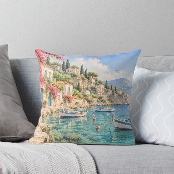 Item preview, Coastal Mediterranean Harbour Watercolour with Bougainvillea designed and sold by Jozefin's Studio.