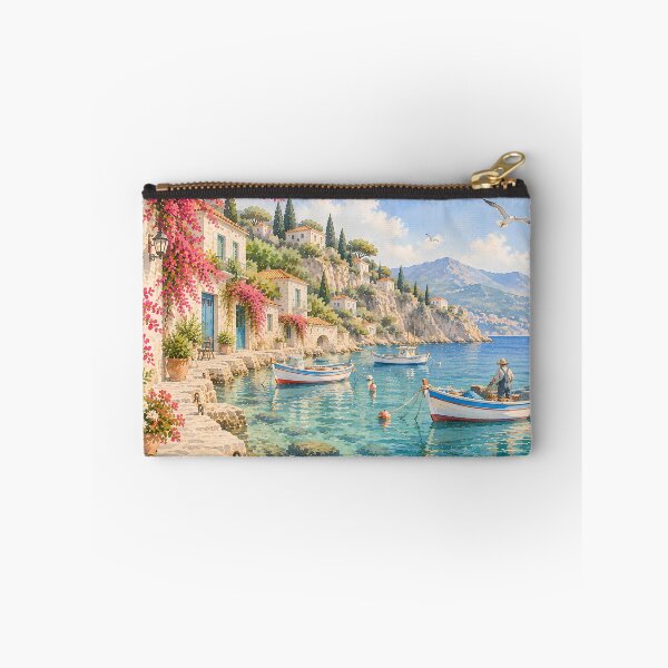 Item preview, Coastal Mediterranean Harbour Watercolour with Bougainvillea designed and sold by Jozefin's Studio.