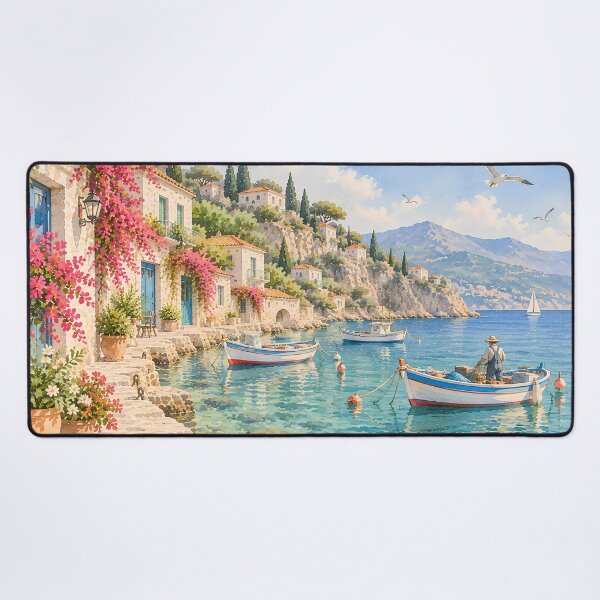 Item preview, Coastal Mediterranean Harbour Watercolour with Bougainvillea designed and sold by Jozefin's Studio.