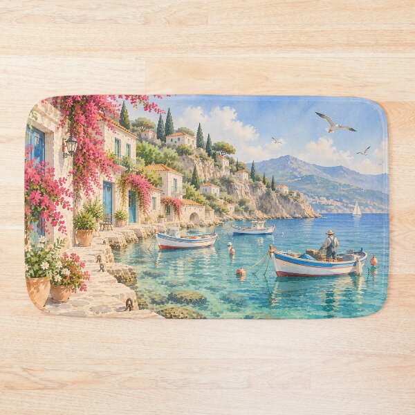Item preview, Coastal Mediterranean Harbour Watercolour with Bougainvillea designed and sold by Jozefin's Studio.