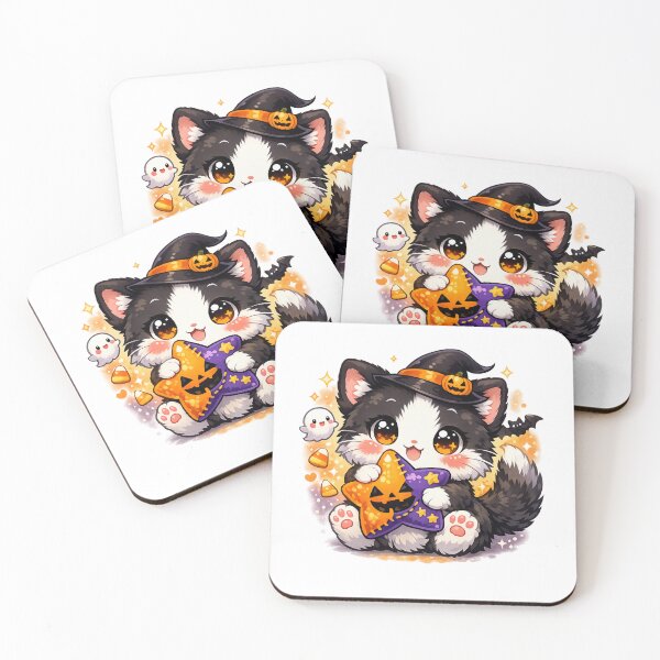 Item preview, Kawaii Chibi Witch Cat with Halloween Star Pillow designed and sold by Sommium .