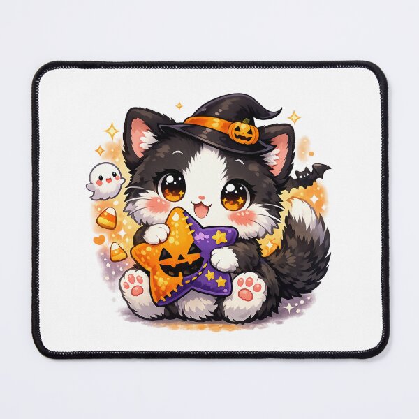 Item preview, Kawaii Chibi Witch Cat with Halloween Star Pillow designed and sold by Sommium .