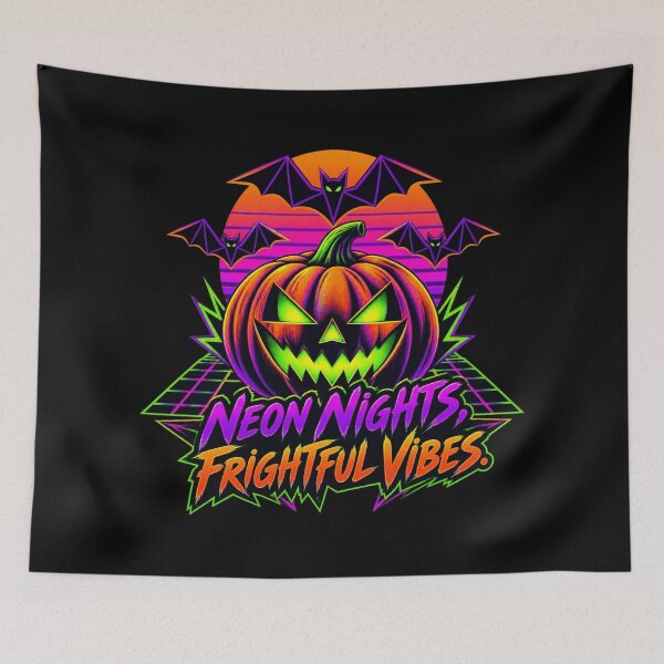 Item preview, Neon Nights Frightful Vibes Synthwave Pumpkin Halloween  designed and sold by Neon Bones Studio.