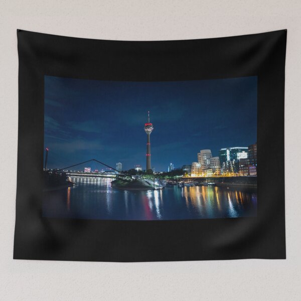 Item preview, Düsseldorf Media Harbour at night with Rhine Tower, marina and reflection of the city lights designed and sold by Your Happy Life.
