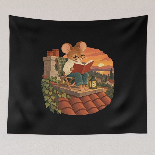 Item preview, Cozy Mouse Reading on a Rooftop at Sunset designed and sold by AMICO77.