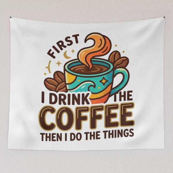 Item preview, First I Drink The Coffee Funny Coffee Quote Sticker designed and sold by VPanPrint.