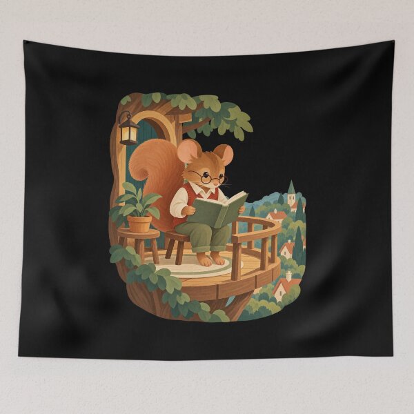 Item preview, Cozy Squirrel Reading on a Treehouse Balcony designed and sold by AMICO77.