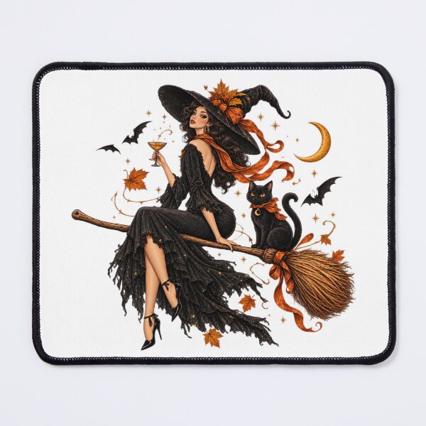 Item preview, Elegant Witch and Black Cat Flying on a Broomstick designed and sold by MAXIZPRINT.