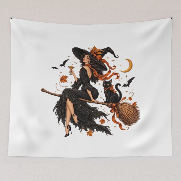 Item preview, Elegant Witch and Black Cat Flying on a Broomstick designed and sold by MAXIZPRINT.