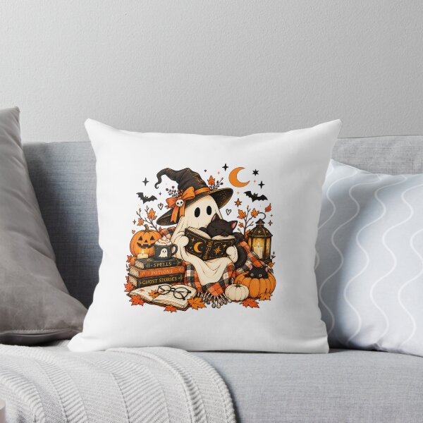 Item preview, Halloween Cozy Ghost Reading with Black Cat, Pumpkins & Spooky Books designed and sold by LumiMuse.