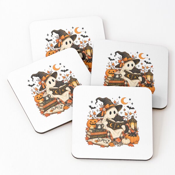 Item preview, Halloween Cozy Ghost Reading with Black Cat, Pumpkins & Spooky Books designed and sold by LumiMuse.