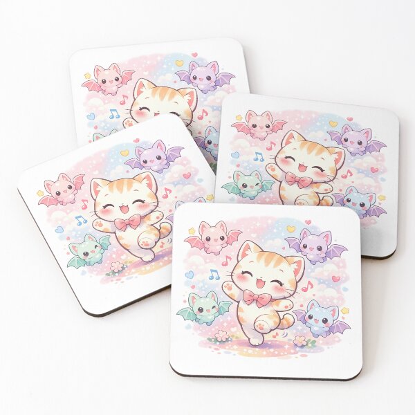 Item preview, Kawaii Chibi Cat Dancing with Colorful Bat Friends designed and sold by Sommium .