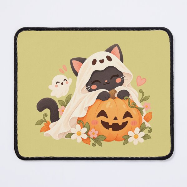 Item preview, Cute Ghost Cat with Pumpkin – Kawaii Halloween Cottagecore designed and sold by StickyDelights.