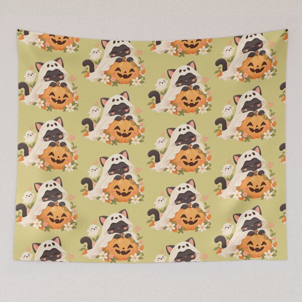 Item preview, Cute Ghost Cat with Pumpkin – Kawaii Halloween Cottagecore designed and sold by StickyDelights.