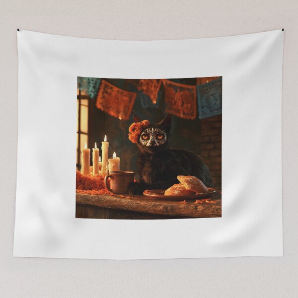 Item preview, Black Cat with Sugar Skull Face Paint and Pan de Muerto designed and sold by Purrista Studio.