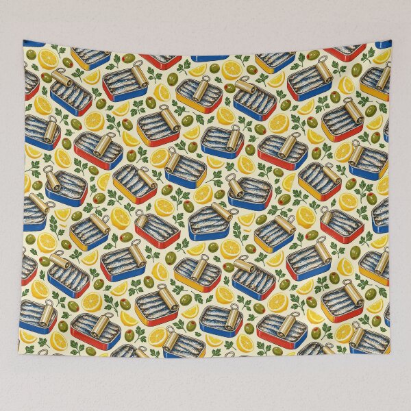 Item preview, Tinned Fish Pattern Sardine Tins Lemons Olives Cobalt designed and sold by Fanverse Merchandise.